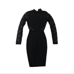 black bodycon dress with lace pattern sleeves